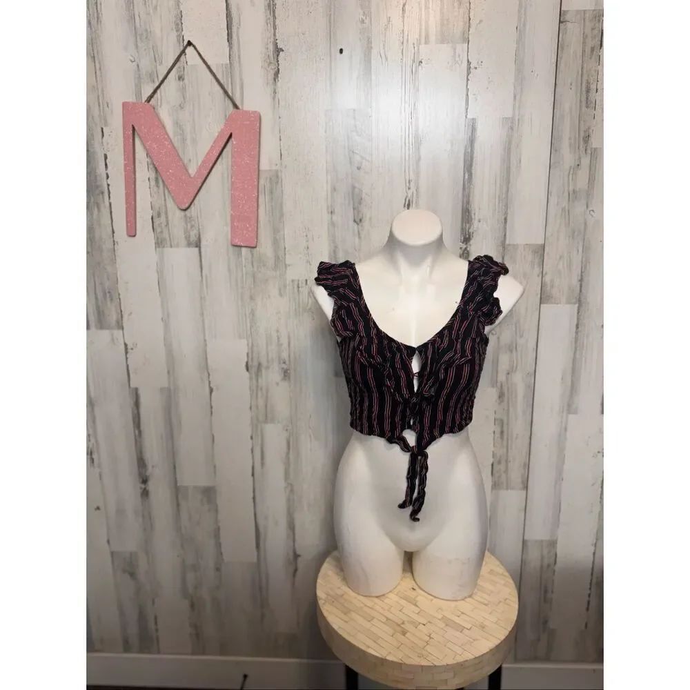 Ambiance Striped Ruffle Crop Top Size Medium Tie Front Sleeveless Boho Festival